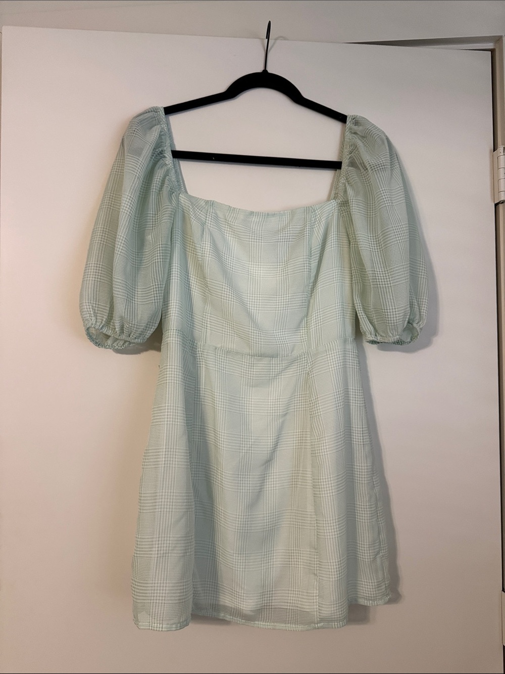 Puff Sleeve Square Neck Mini Dress in Mint Plaid